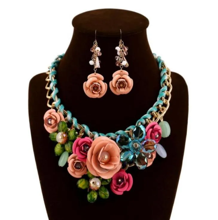 6 colori donne fiore colorato strass pendente dichiarazione collana orecchini gioielli set gioielli di moda abito da sposa da sposa Jew2993849