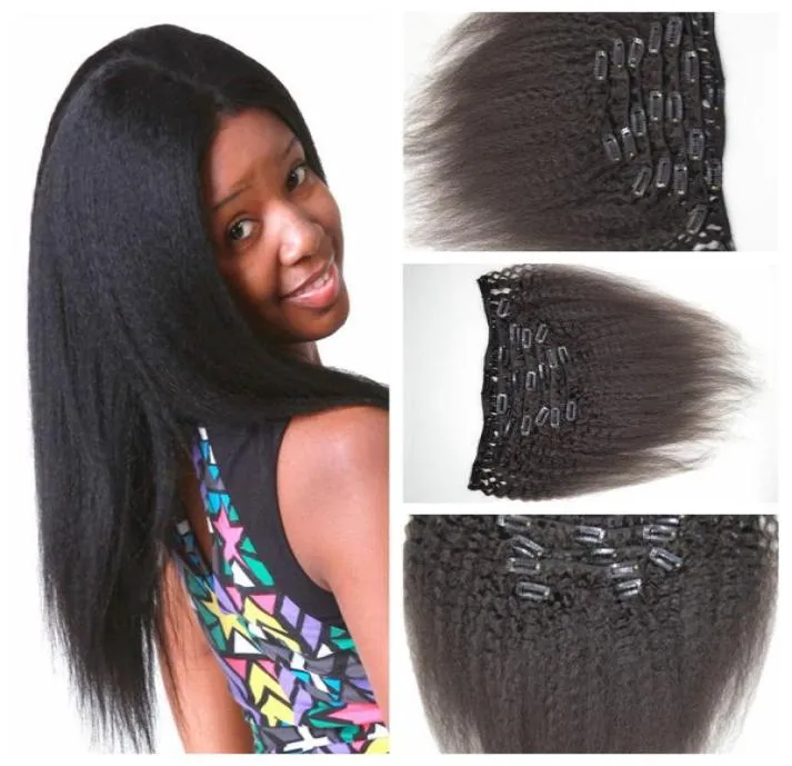 Malaysian human hair Coarse Yaki Straight 7PCSSET kinky straight clip in human hair extensions natural black clip hair extensions4669437