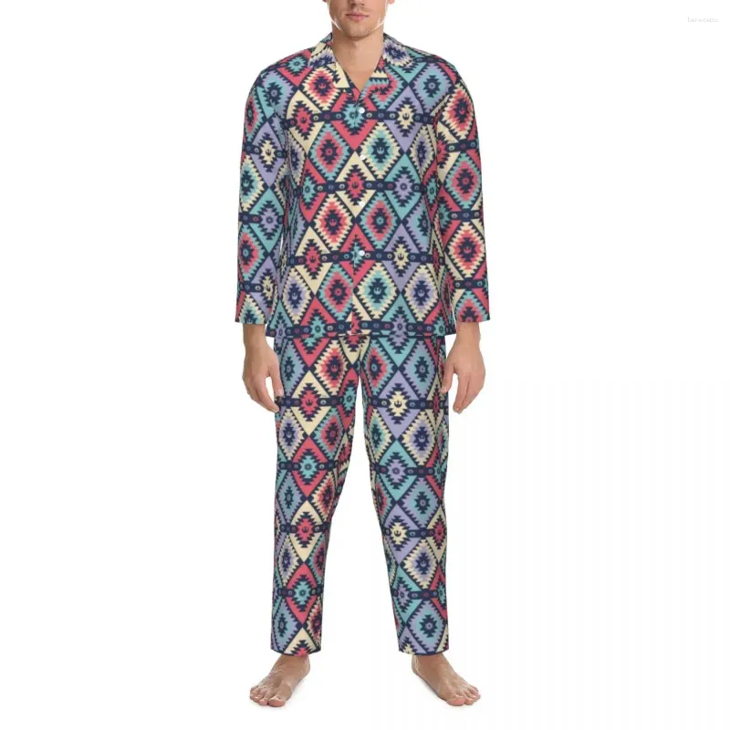 Мужская одежда для сна, пижамы, мужская ночная рубашка в этническом стиле с геометрическим рисунком для отдыха, ретро клетчатая одежда из двух предметов, повседневный свободный комплект, домашний костюм большого размера с длинными рукавами