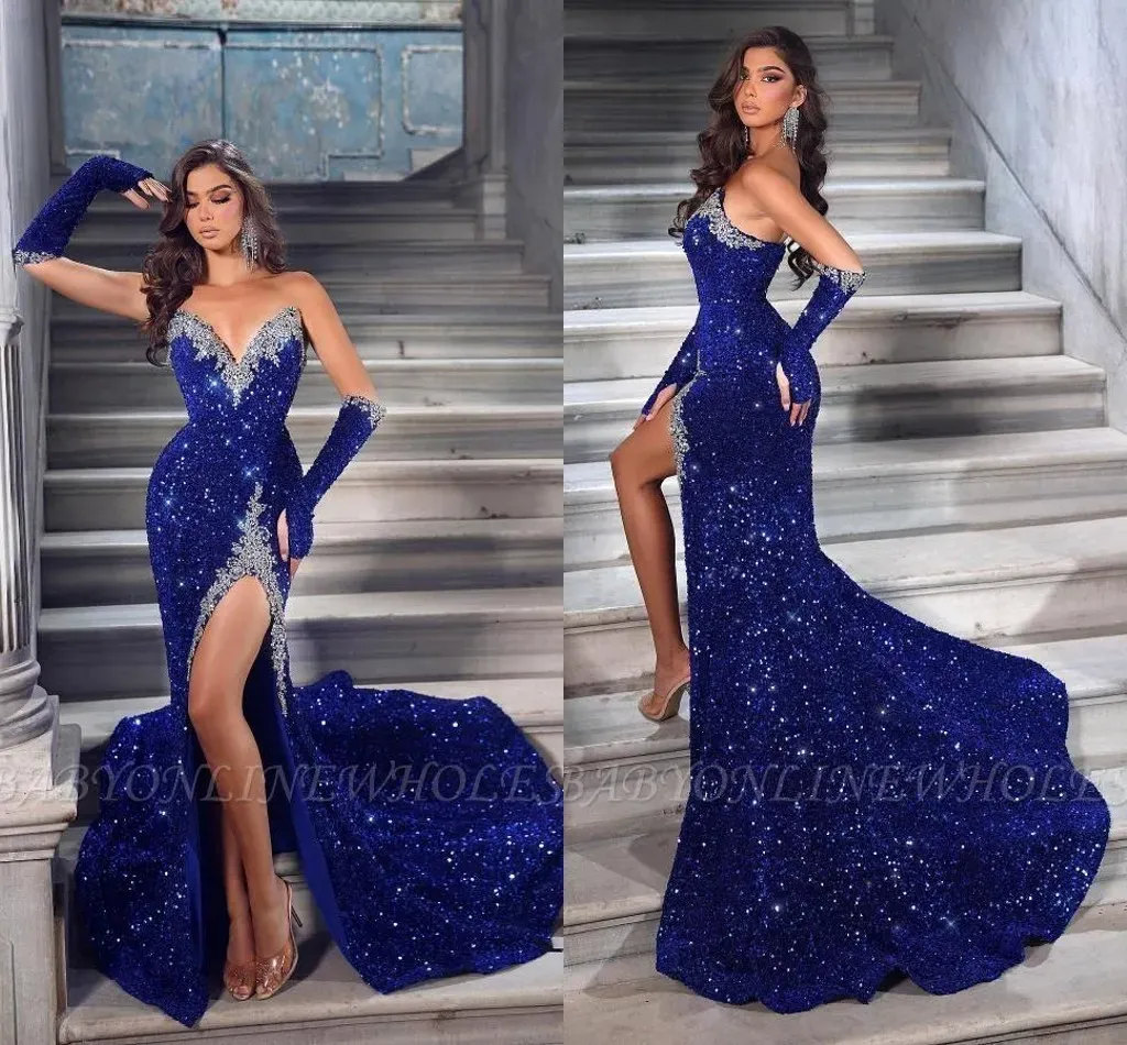 Azul shinny royal split noite vestidos de baile nova querida sereia lantejoulas contas longo festa ocn vestidos femininos formais bc18173