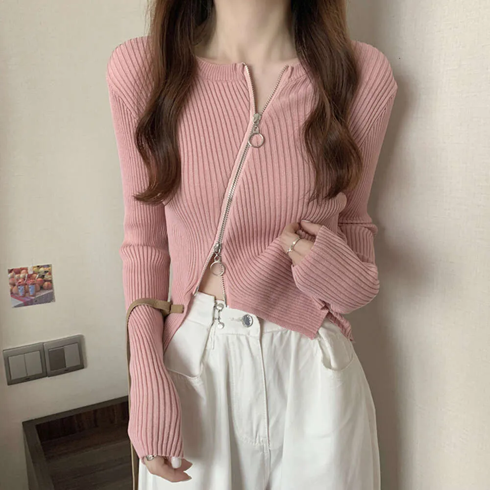 Pink Irregular Short Top Women's Spring and Autumn Small Jazz Sweater Bottom Shirt Card Waist Knitted Long Sleeved T-shirt