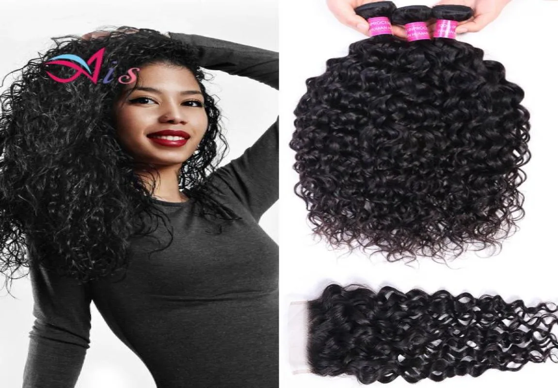 Brazilian Virgin Human Hair Weaves Extensions Water Wave Natual 1B Color 3 Bundles With Closure 44 Unprocessed High Quality9619448