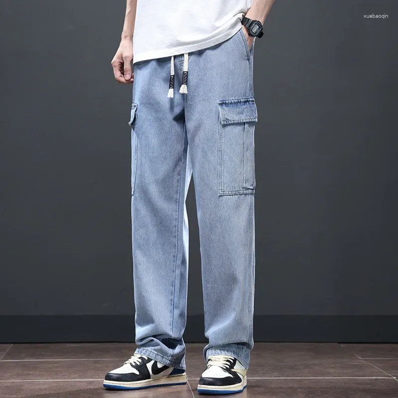 Jeans da uomo Primavera Abbigliamento uomo Moda Denim Pantaloni a gamba dritta Materiale sottile Borsa multipla Uomo largo
