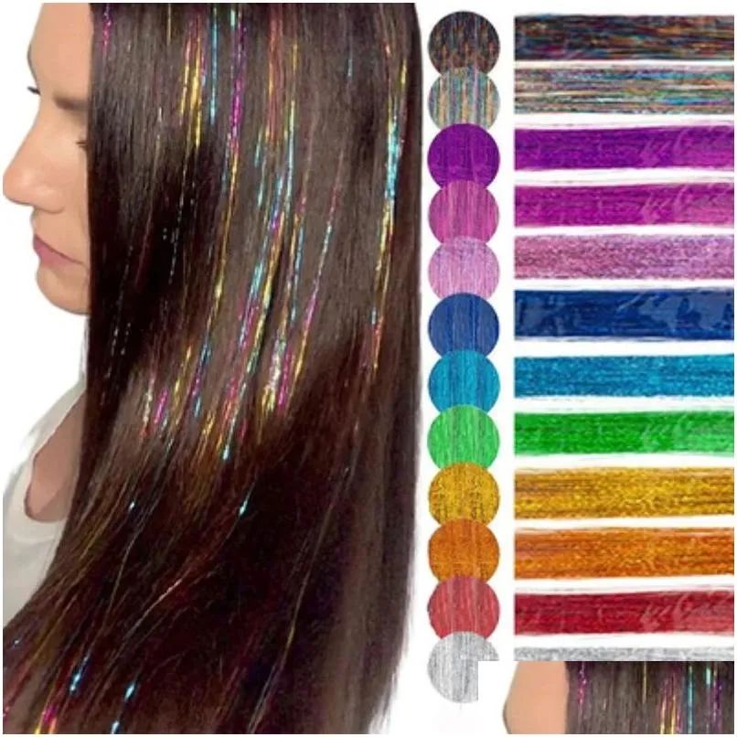 Accessori per capelli 90 cm Sparkle Capelli Tinsel Arcobaleno Colorf Fili Ragazze Copricapo Hairbinge Laser Estensioni false Decor Strisce glitterate Dhgcp