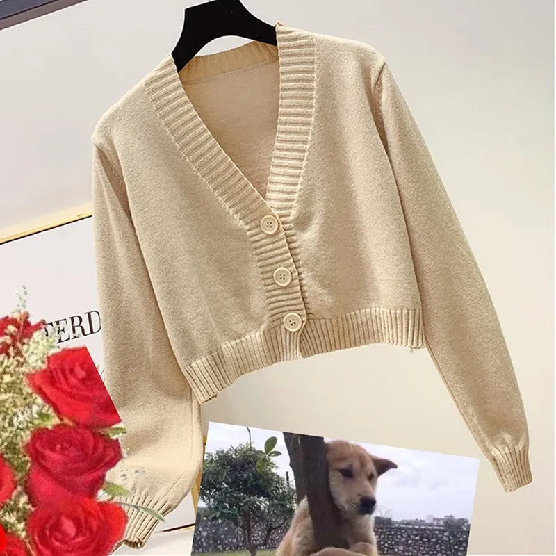 Strickjacken Herbst Weibliche Strickjacke Lange Flare Hülse Kurzen Pullover Sommer Frauen Gerippte Gestrickte Baumwolle Tops 3/5 Tasten Weiche Dünne outwear