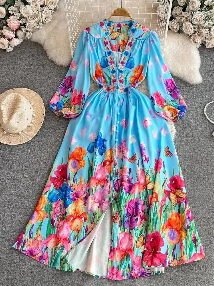 Casual Dresses 2024 Holiday Gorgeous Flower Dress Women's Linen V Neck Long Lantern Sleeve Floral Print Single Breasted Fairy Maxi Vestidos