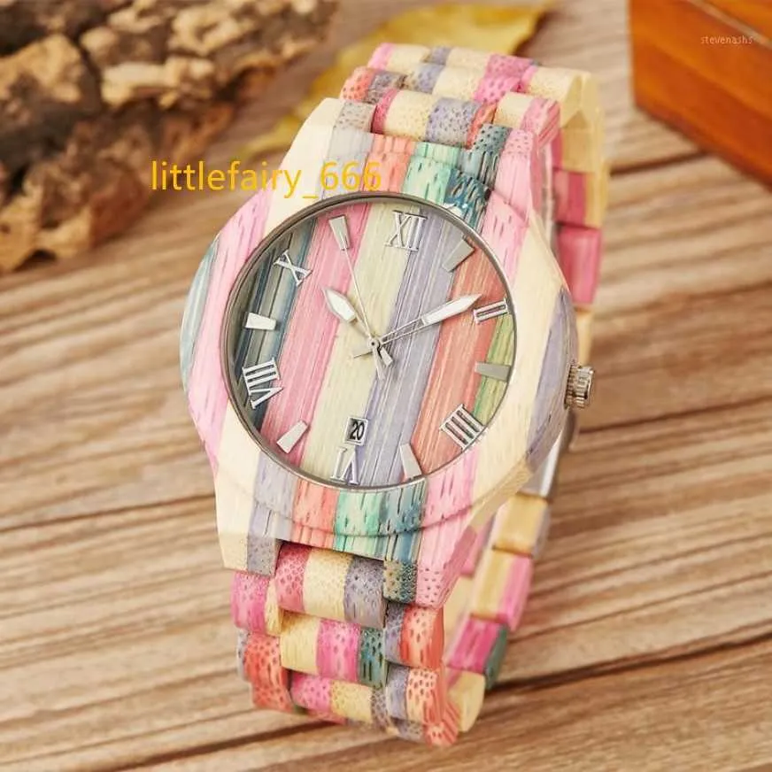 Montres en bois de bambou hommes femmes personnalisé à la main coloré bambou en bois mâle dames Quartz Couple montre-bracelet Date horloge cadeau 1255Q