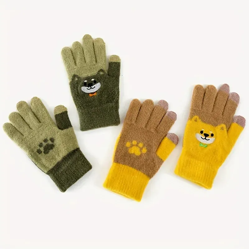 Теплые детские удлиненные перчатки, вязаные зимние перчатки с пятью пальцами для мальчиков и студентов, утолщенные морозостойкие, сенсорный экран с разделенными пальцами, 240226