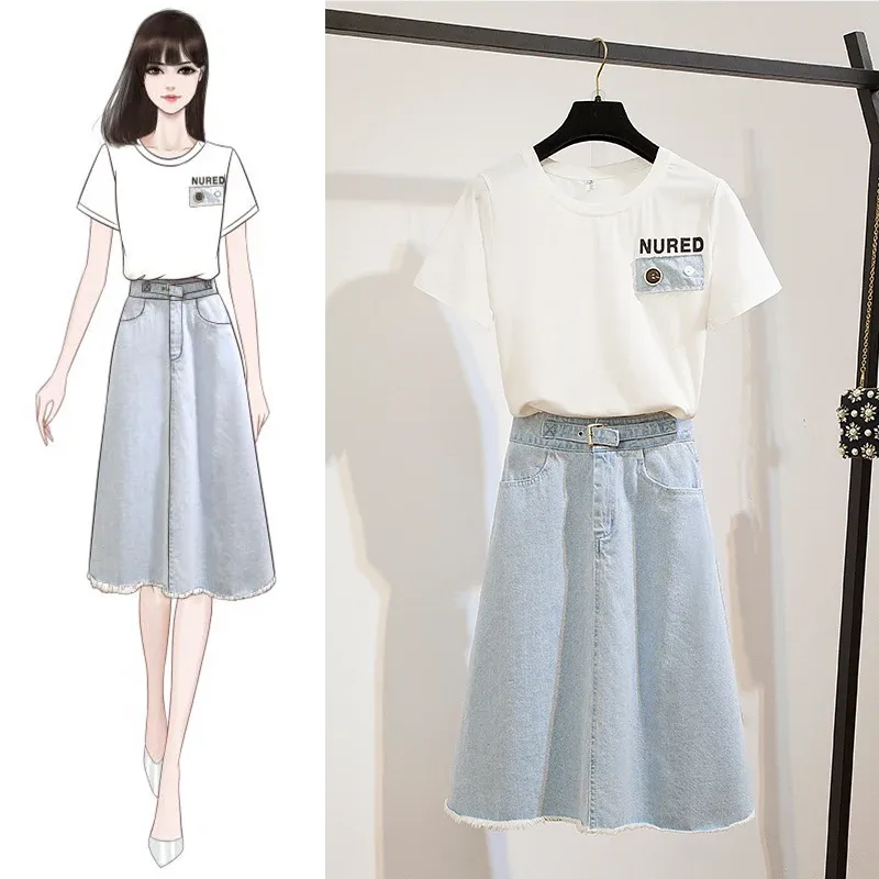 Suits Plus Size Women Summer Short Sleeve White Button Tshirt Tops+Long Denim Skirt Set Women 2 Pcs Set Office Lady Outfits