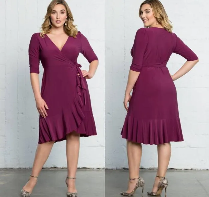 Aantrekkelijke Plus Size Ruches Formele Jurken Met Halve V-hals Knielengte Avondjurken Schede Goedkope Korte Prom Dress2493836