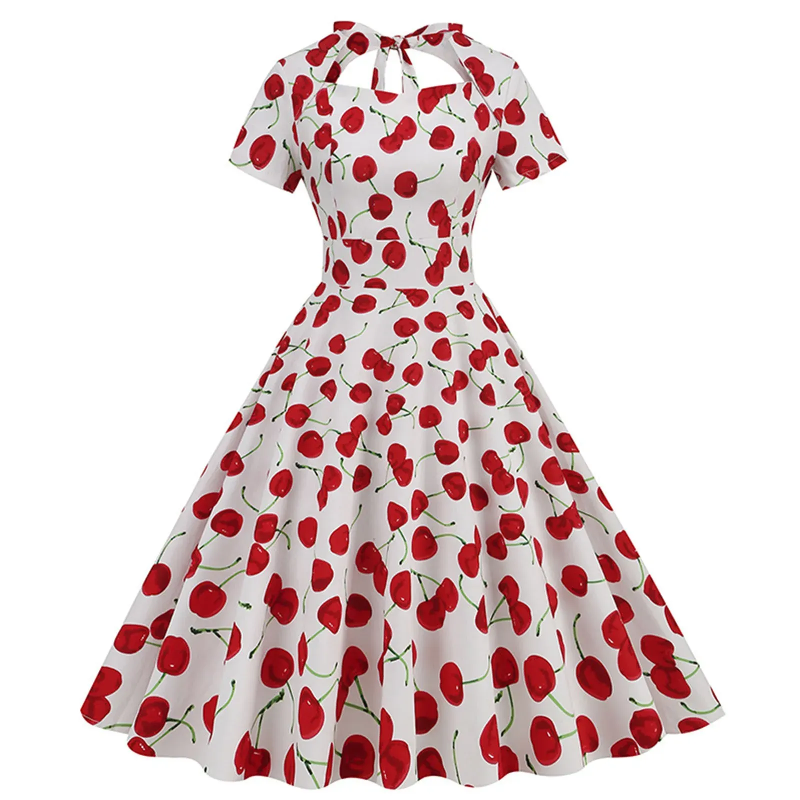 Kleid mit Herzausschnitt, hoher Taille, Kirsche, Vintage-Stil, 50er-Jahre-Midikleid, kurzärmelig, rückenfrei, für Damen, zum Binden am Rücken, Rockabilly-Pinup-Party-Swing-Kleid