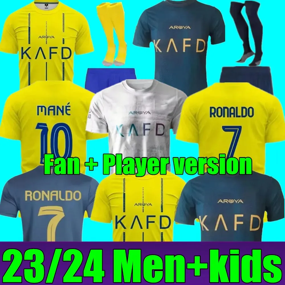 23 24 Al Nassr FC Soccer Jerseys Ronaldo 2023 2024 Accueil Jaune Extérieur CR7 Gonzalo Mane Martinez Talisca FANS Player Version Hommes Kit Football Shiirt Al-Nassr