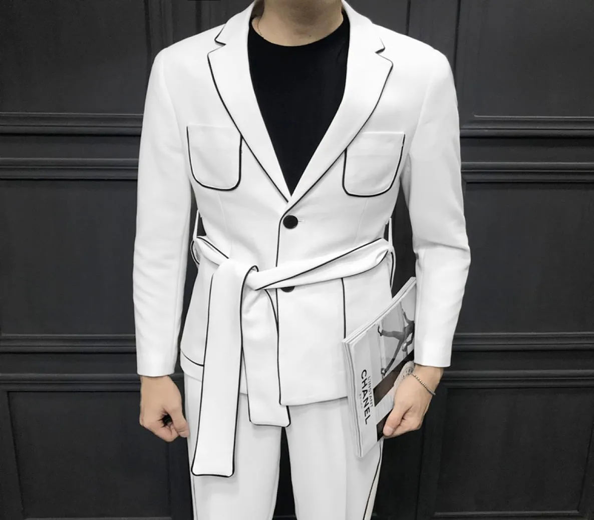 2019 весенний ремень с длинными рукавами, украшение Man039s, костюм в Корейском стиле, тканый костюм для самосовершенствования, полный костюм, мужской костюм Ternos Masculino7896170
