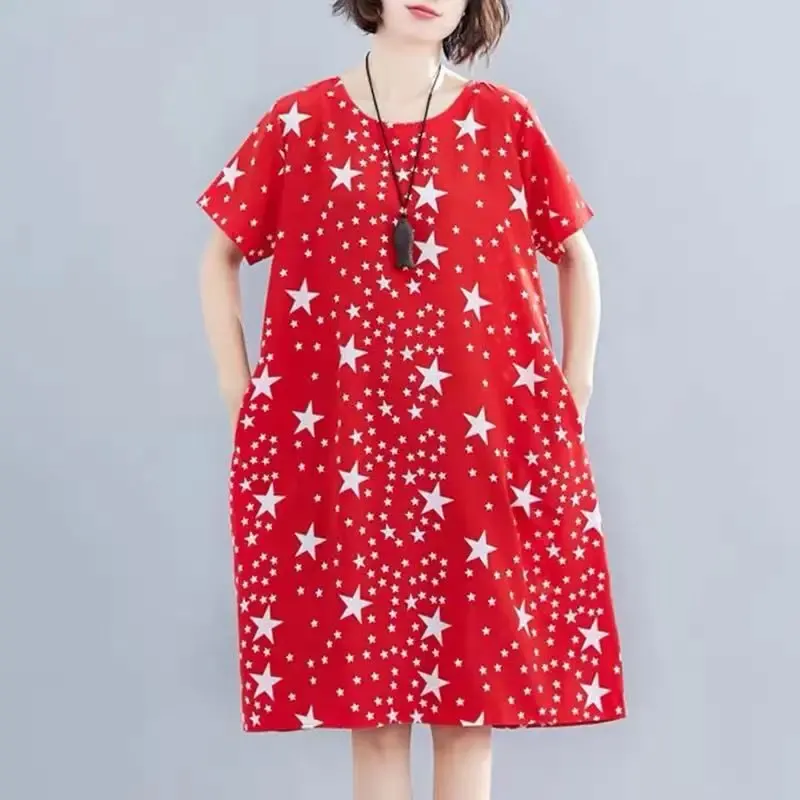 Vestido de verão roupas femininas pentagrama impressão manga curta moda opescoço inserção oblíqua bolsos solto pulôver vermelho na altura do joelho vestido