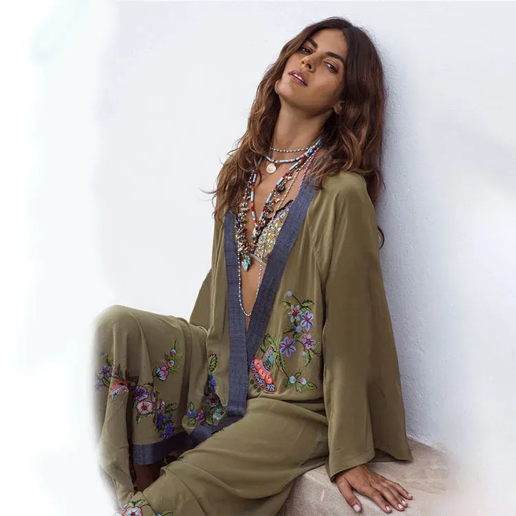 Jurk vestidos boho hippie chic vintage bloemenborduurwerk vest strandreis 2019 kimono pareo lange mouw cape cover maxi-jurk