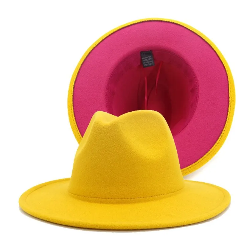 Chapeau en feutre de Jazz pour hommes et femmes, extérieur jaune, intérieur, rose, Patchwork, Panama, chapeaux Fedora à large bord avec bande en feutre, Trilby Cap277M