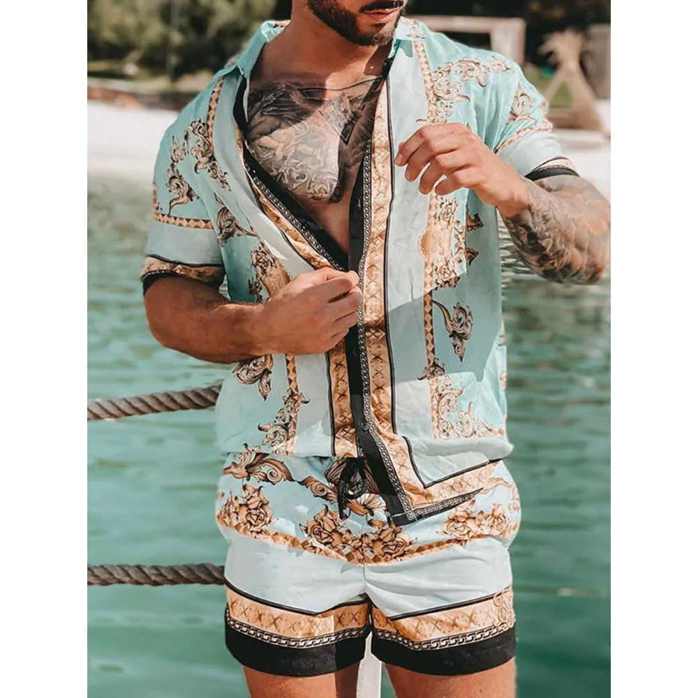 Chemise hommes mode chemises + shorts deux pièces ensembles Hawaii chemises européennes costumes tenue de plage vêtements pour hommes