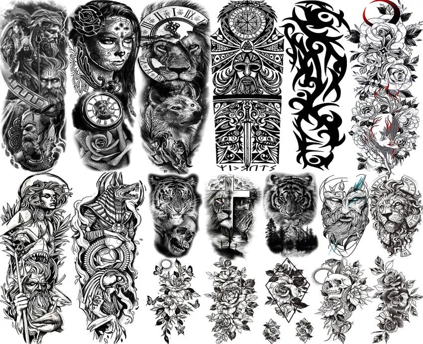 Voller Arm temporäre Tattoos Ärmel für Männer Frauen realistische gefälschte Tatoos Krieger Löwe Tiger Blume Tatoo Sticker1029004