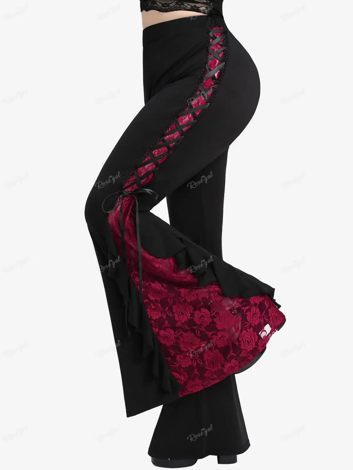 Брюки ROSEGAL, готические розовые кружевные вставки на шнуровке, с оборками, расклешенные брюки, женские уличные брюки с эластичной резинкой на талии, расклешенные брюки с цветными блоками