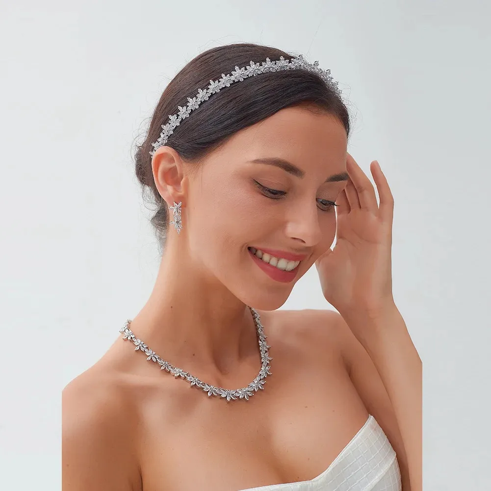 Crystal Accent Silver Headband - Elegant Hair Accessory Bridal Silver Tiara With Pearls, White Flowers, Crystals  main image 4