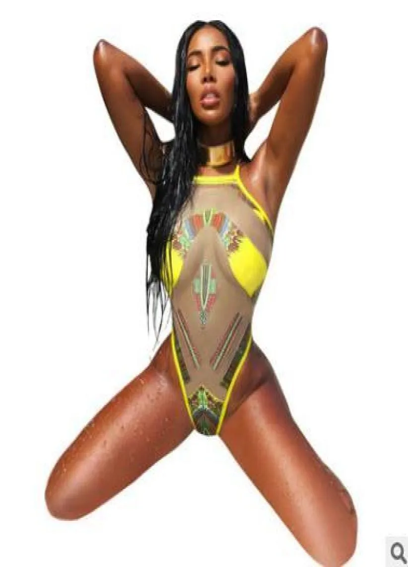 Explosiva modeller Kvinnor Beach Bikini African Etnic Style Printing Straps Onepiece Swimsuit Female Yellow Sexy Ladies Swime Bik6519151