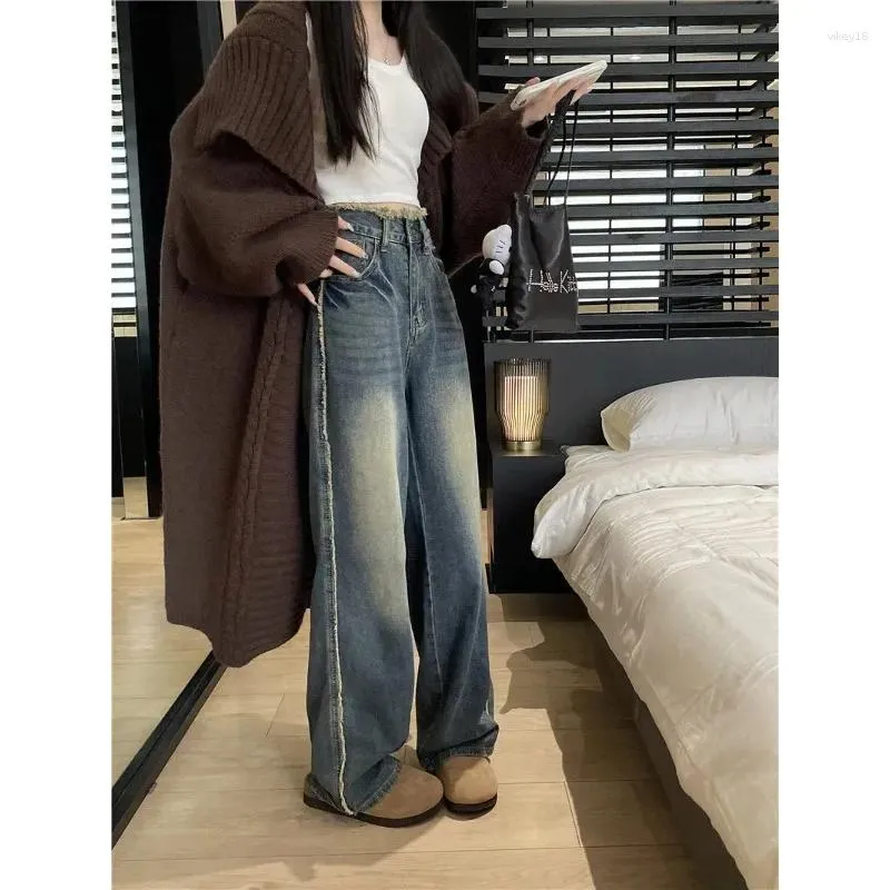 女子ジーンズジュヤベイ韓国シリーズ女性秋のヘビーデュウ洗浄されたファッショナブルな擦り切れのニッチデザインストレートズボン