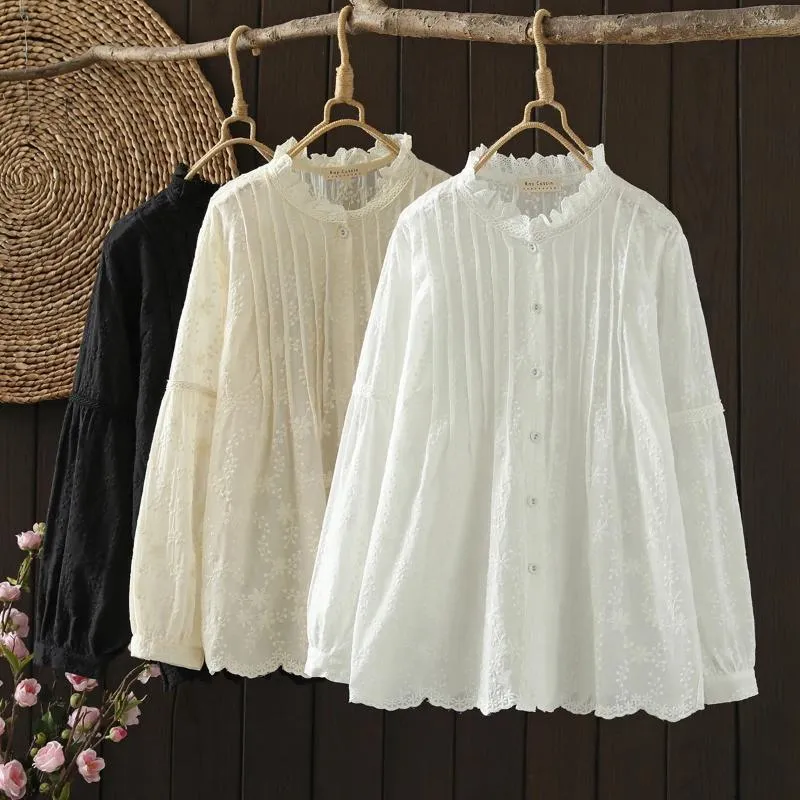 Blusas femininas topo boho camponês blusa camisa mori menina japão estilo gola manga longa branco bege preto bordado sólido