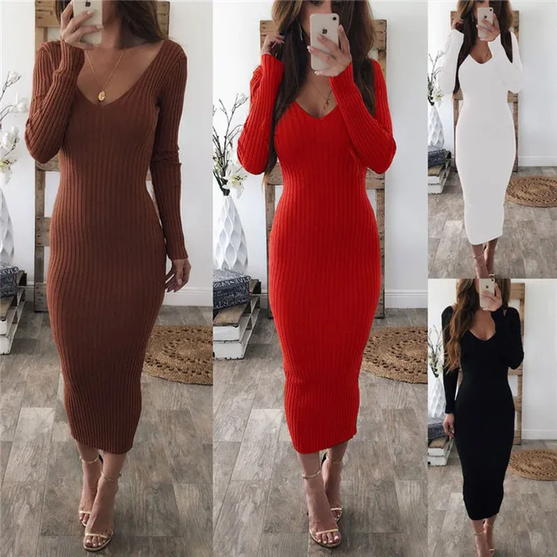 Robe tricotée robe pull femmes 2022 mode printemps automne nouilles élastique à manches longues robe moulante noir rouge sexy midi robe d'hiver