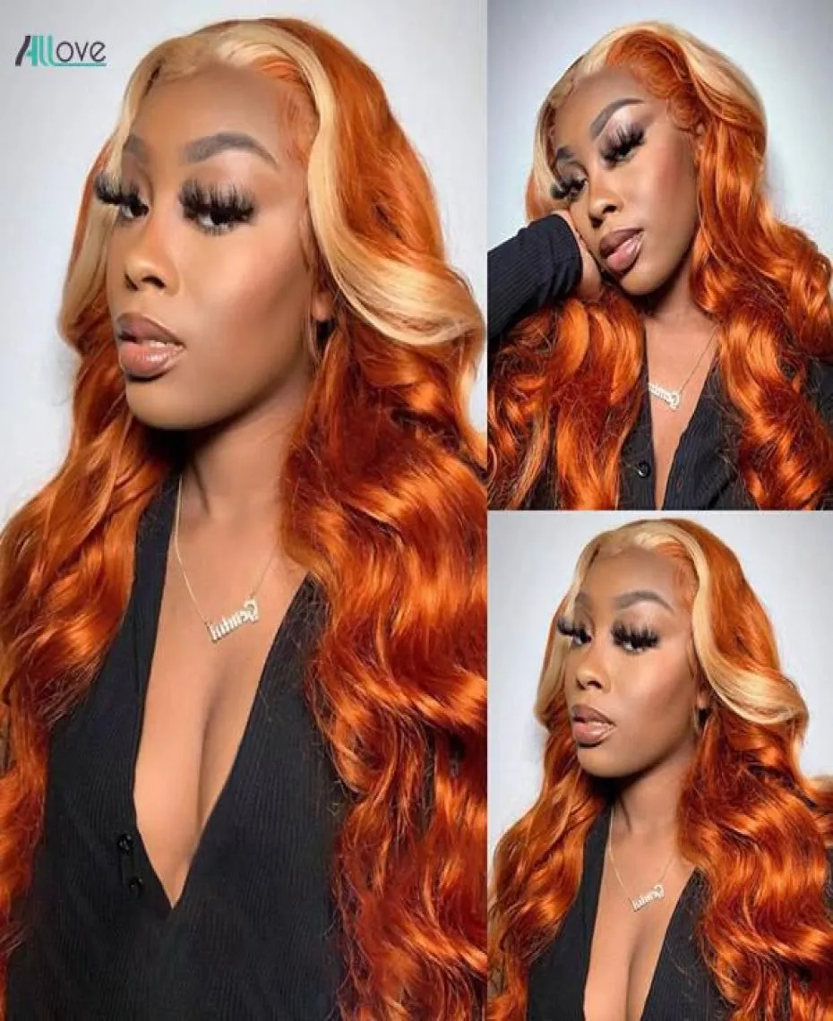 Allove Orange Ginger Blonde 613 Colored Wig Straight PrePlucked Frontal 13x4 13x1 T Part Human Hair Wigs Transparent HD Lace Fron8862016