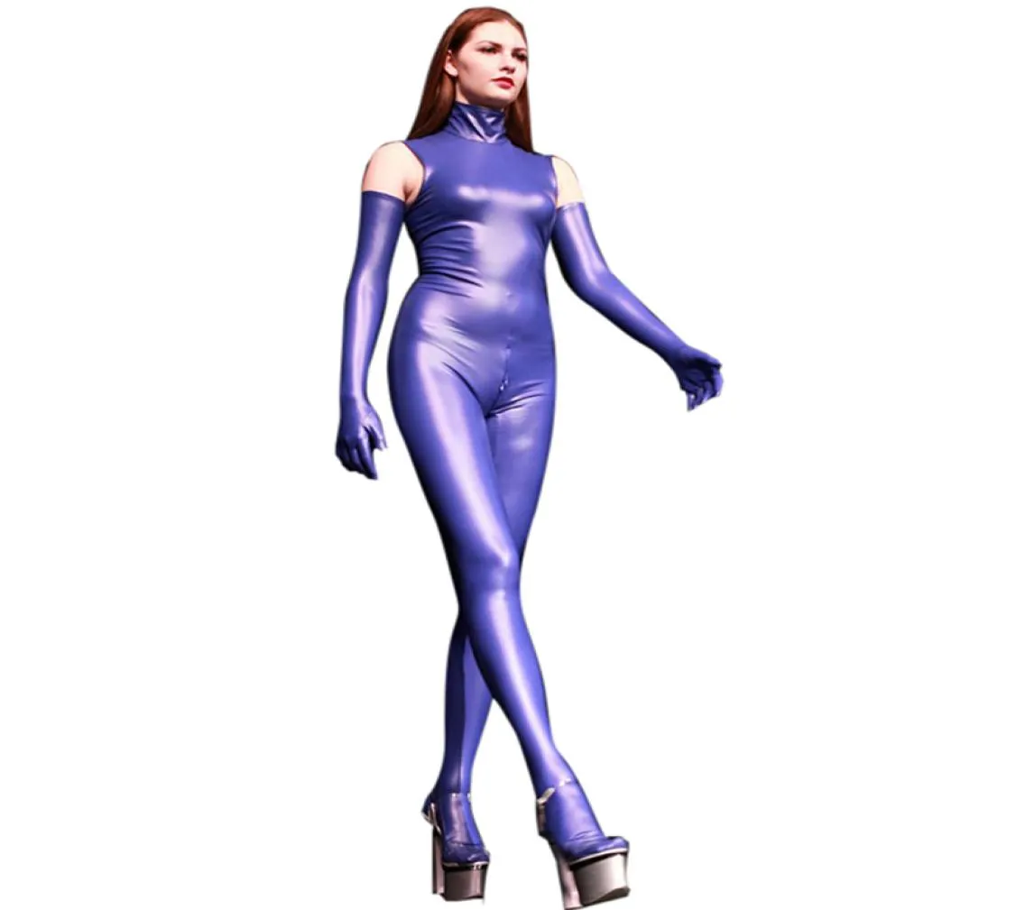 Linvme kvinnor syntetiska latex ärmlös hög hals zentai cosplay catsuit gummi bodysuit jumpsuit clubwear kropp passar kroppar2112847