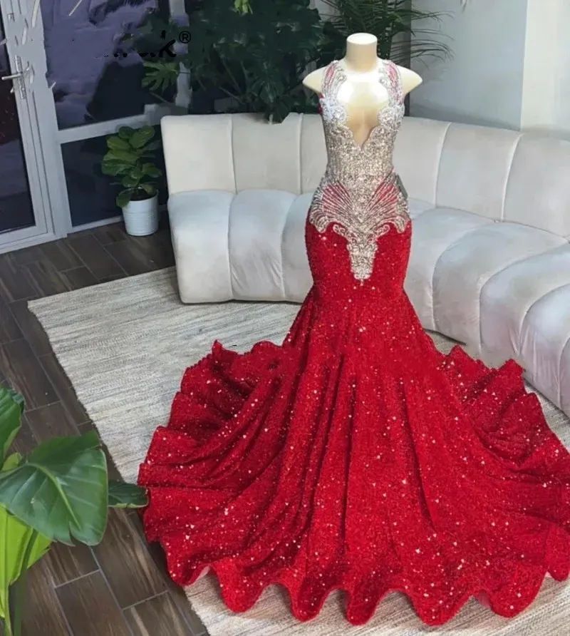 Sexy glitter vermelho sereia vestidos de baile sheer neck cristal lantejoulas festa de aniversário vestidos de baile robe de bal