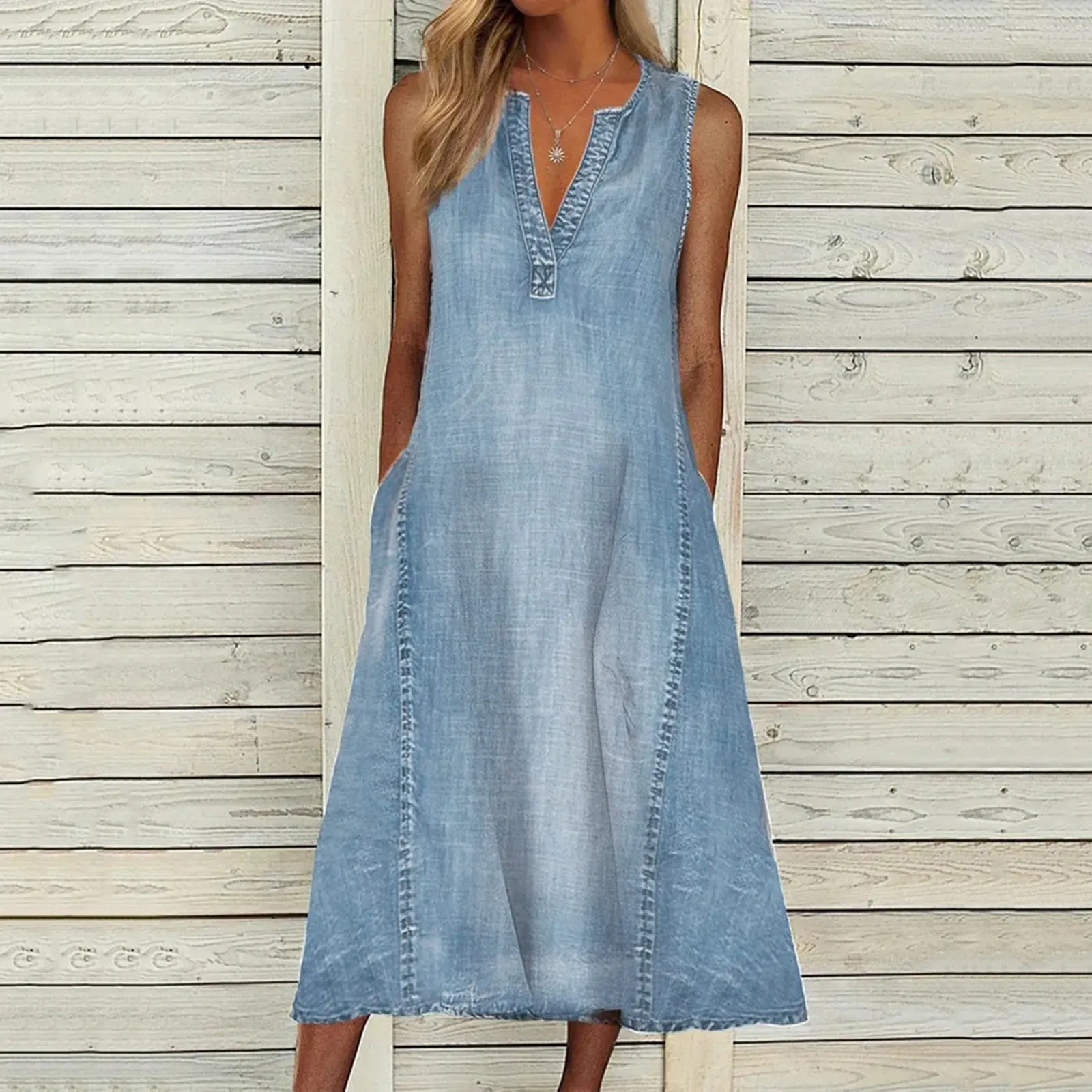 Dress Women Fashion Denim Solid Dress V Neck Sleeveless Loose Holiday Dress Petite Maxi Long Dress Vestidos For Daily Wear 2023 New