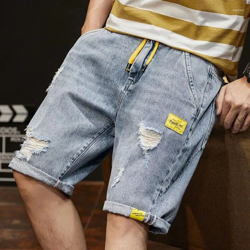 Shorts masculinos verão fino calças de cinco peças cintura elástica cordão buraco solto plus size tendência casual moda roupas masculinas