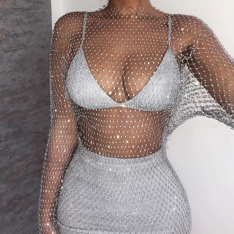 Robe Noir Blanc Brillant Strass Paillettes Résille Femmes Mini Robe Sexy À Manches Longues Maille Évider Transparent Party Clubwear Robe