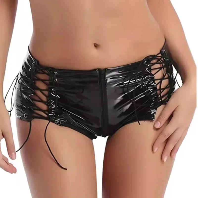 Shorts Dames Lage Taille Kunstleer Shorts Sexy Slim Lace Up Zwart Rood Zomer Korte Broek Casual Mode PVC Shorts Plus Maat XXXL