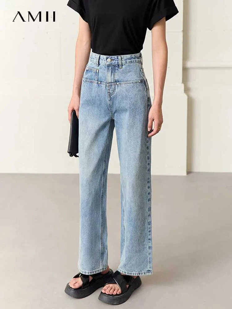 Dżinsy damskie amii minimalistyczne 2023 Letnie nowe spodnie damskie dżinsy 100% bawełniane zwykłe proste black dżinsowe spodnie damskie 12341216 J240306