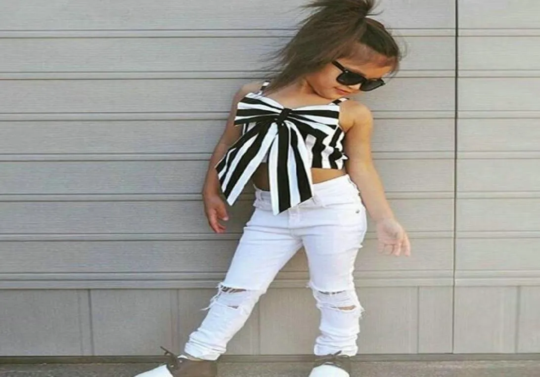 Moda meninas terno listra tops calças 2 peças conjunto sem alças crianças bowknot buraco jeans branco meninas roupas set6416183