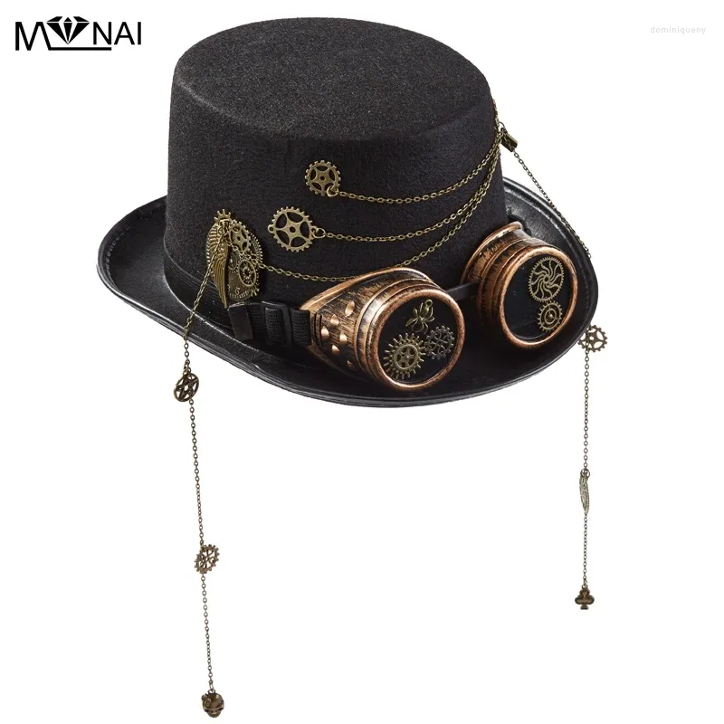 Berets Gótico Óculos Chapéu Steampunk Engrenagens Correntes Preto Fedora Party Club Proforming Prop Top Lolita Acessórios