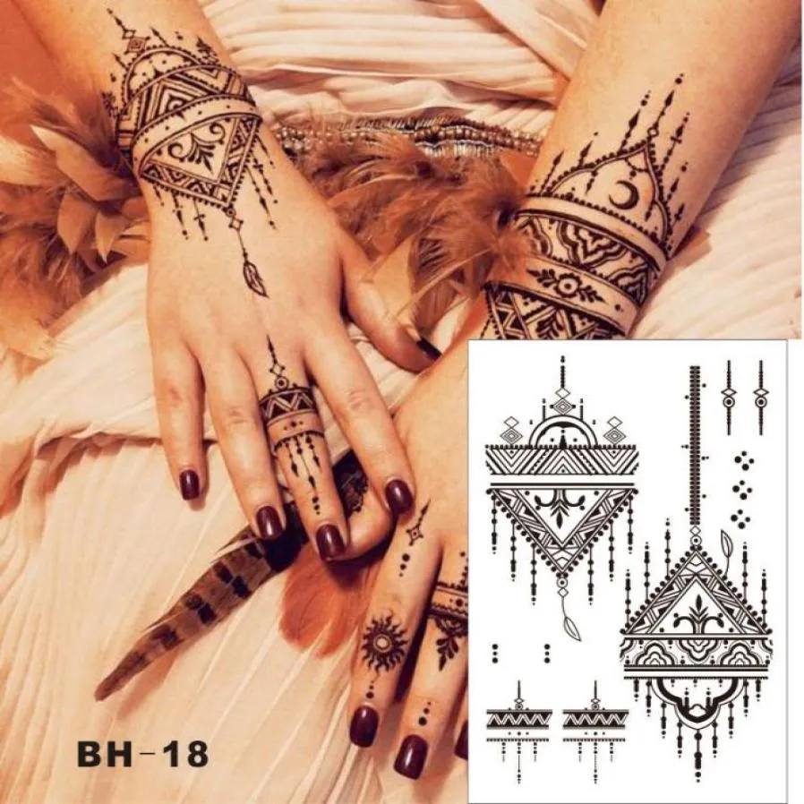 Tatuagem temporária de henna preta simples triangular BH18 para ambas as mãos inspirada em adesivo corporal 1411189