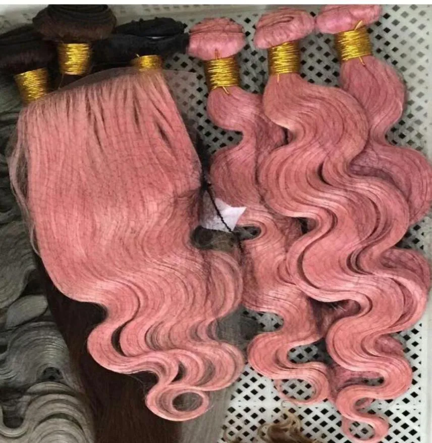Brasiliansk kroppsvåg rakt hår väver Dubbel wefts 100gpc rosa färg kan färgas mänskliga remy hårförlängningar7074100