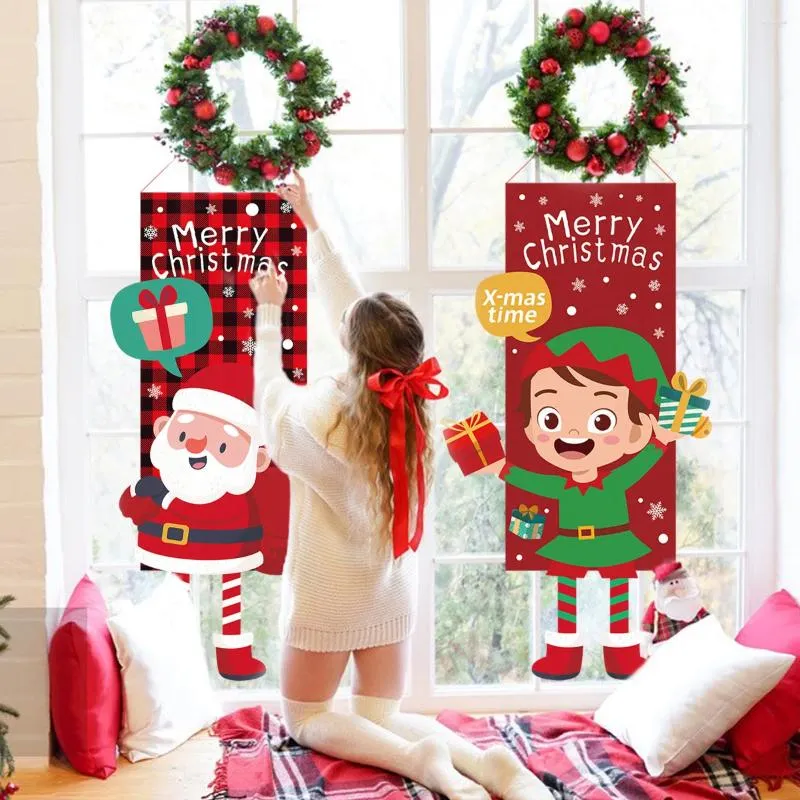 Décorations de Noël Joyeux Longue jambe Dessin animé Père Noël Elk Elf Bonhomme de neige Affiche Drapeau suspendu Pendentifs de Noël Maison Fenêtre Décoration murale en verre