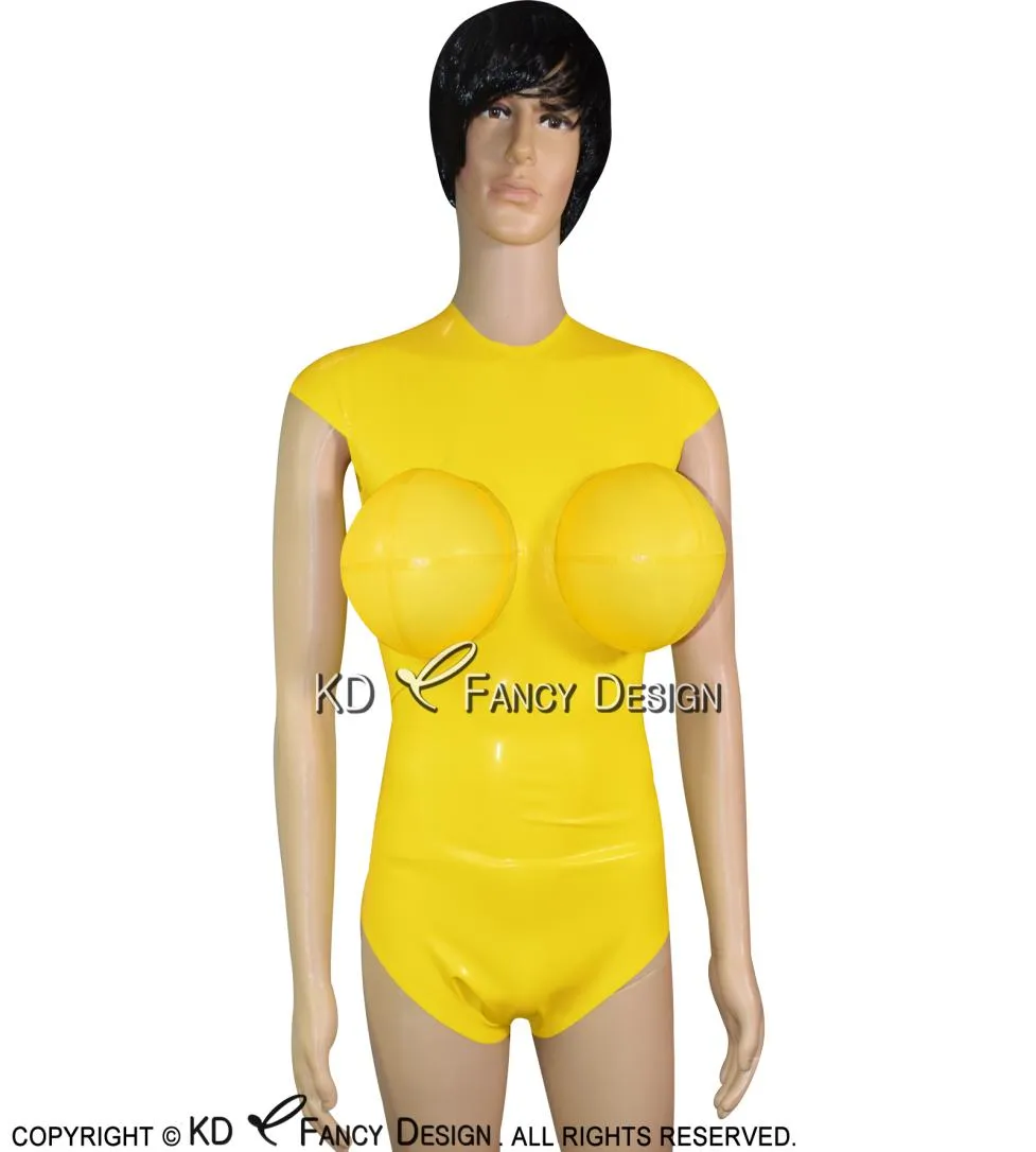 Trajes de banho de látex sexy amarelo com seios infláveis e mangas tampa corpo terno catsuit borracha bodysuit 02126379179