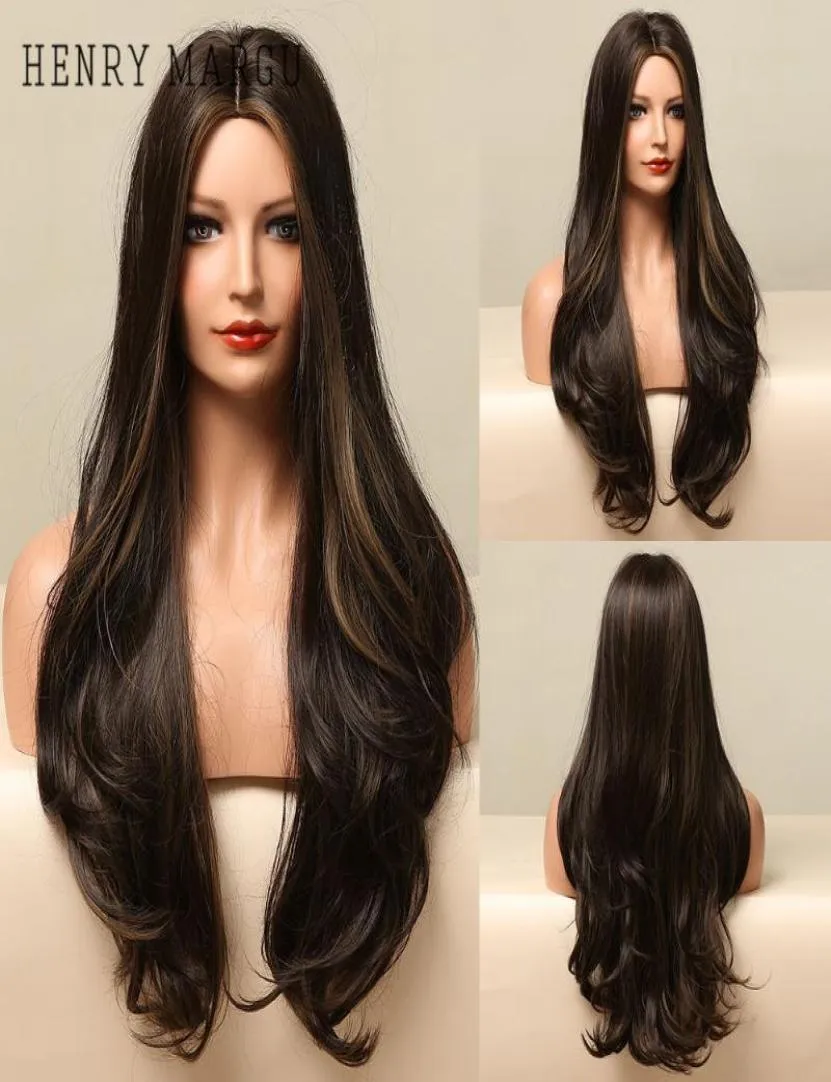 Synthetic Wigs HENRY MARGU Long Dark Brown Body Wave Heat Resistant Natural Cosplay For Black Women Hair7225848