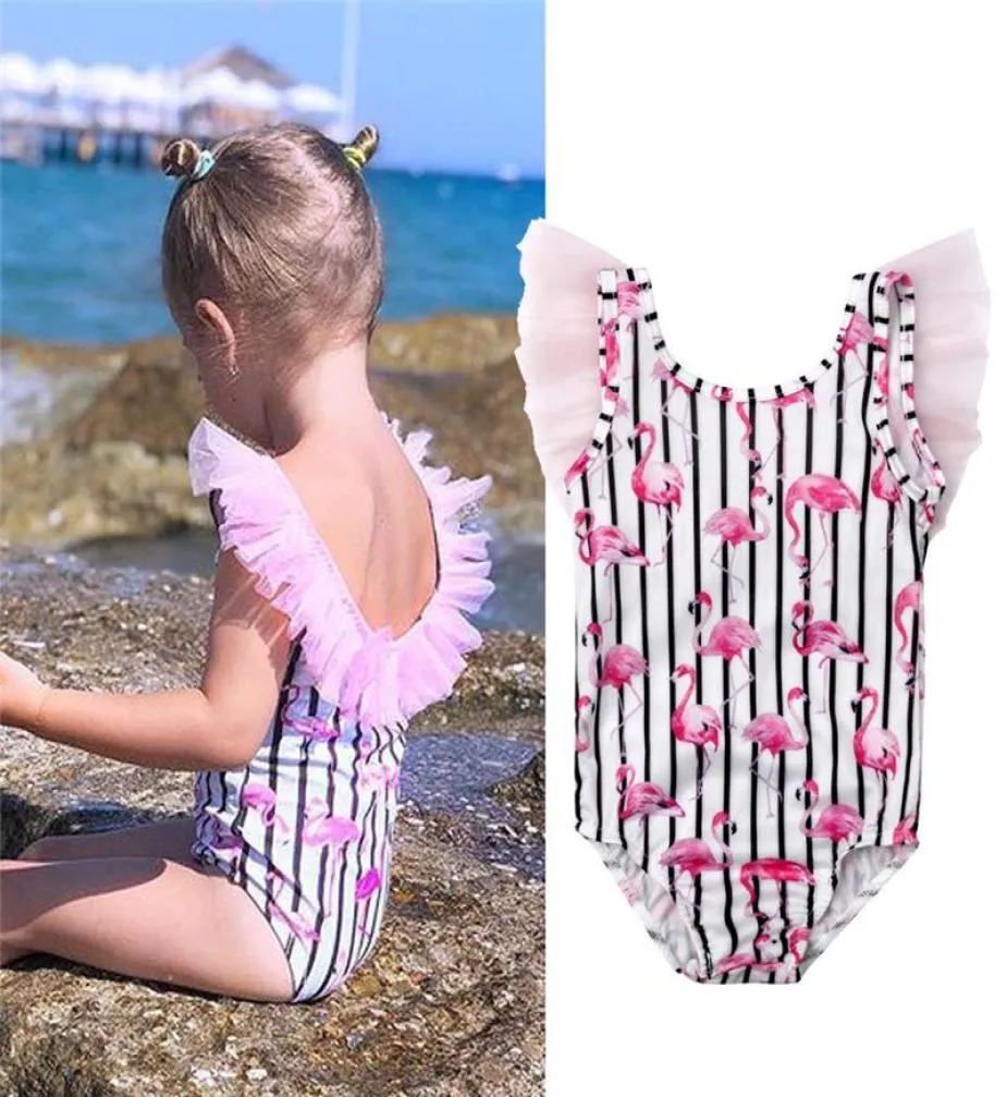 Цельный купальник для маленьких девочек, сетчатый бикини в полоску с фламинго, детский купальник, детская пляжная одежда, купальный костюм, монокини OnePiec6832959