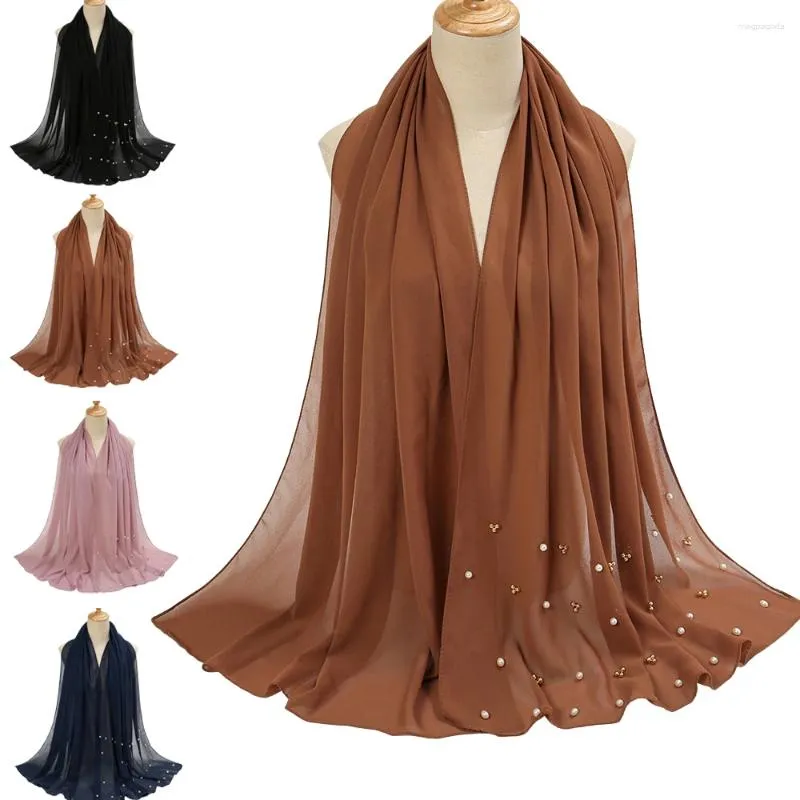 Etniska kläder mode damer långa halsdukar med dimonds kedja stora pärlor eleganta kvinnors muslimska hijab chiffon malaysia headscarf turban