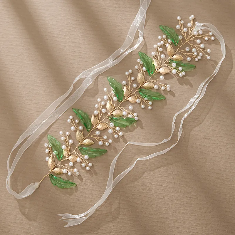 Green Leaf Crystal Pearls Rhinestone Bridal Pannband för brud brudtärna pärlor strass hår vin för bröllop kvinnor och flickor