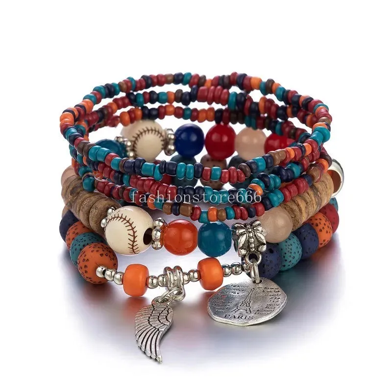 Fashion Stretch Charm Armband Women Paris Tower Wing Baseball Bohemian Ethnic Design Beaded Bangles Multilayer Mens Crystal Elastic Rice Pärlor smycken Pulseras