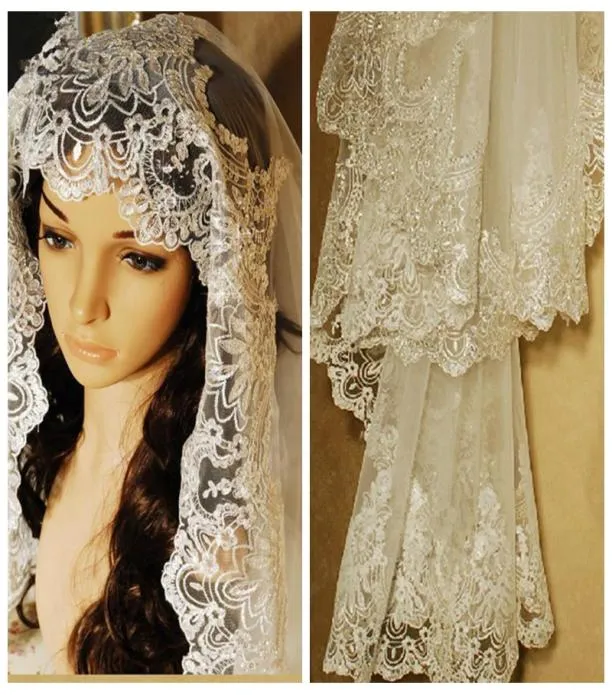 Luxurious Lace Appliques Edge Pattern of Beaded Sequin Embroidery Cathedral Wedding Veil 3M Long Bridal Wedding Head Veil Cheap We2842627