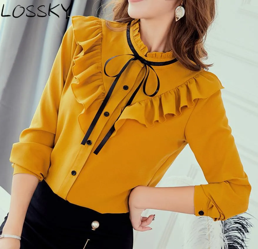 Autunno Primavera Bianco Giallo Camicia da donna in chiffon a maniche lunghe con fiocco volant coreano streetwear slim elegante camicetta camicie da donna Top 2109332804