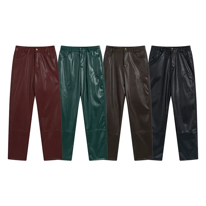 Pants New RHUDE Leather Sweatpants Embroidered Logo Best Quality 1:1 Men Women Jogging Zip Pants RHUDE Trousers